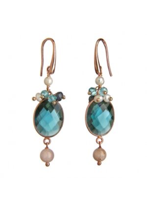 Orecchini quarzo blue light, aquamarina multicolor, perle coltivate﻿