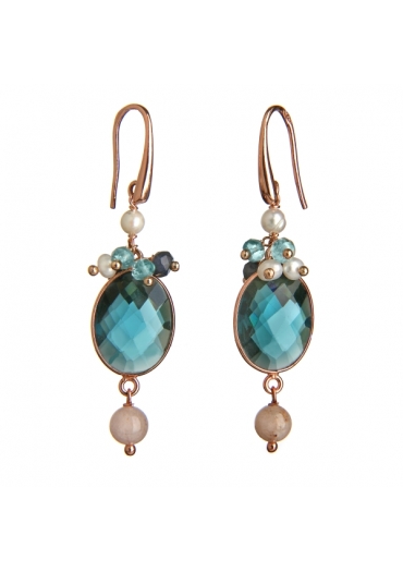 Orecchini quarzo blue light, aquamarina multicolor, perle coltivate﻿