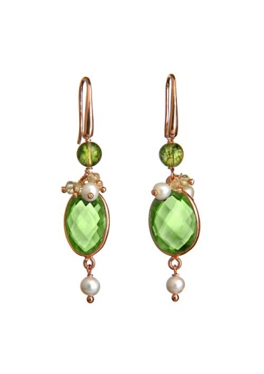 Orecchini quarzo muschiato, ametista verde idrotermale, perle coltivate