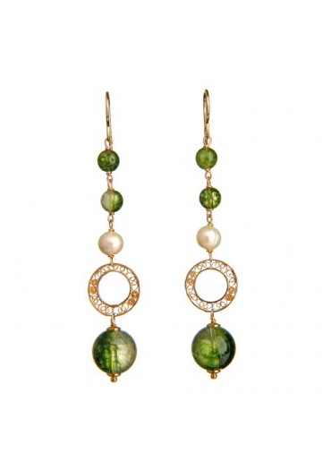 Orecchini quarzo verde muschiato, perle coltivate