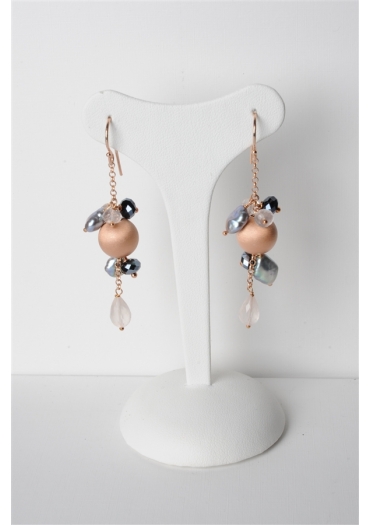 Orecchini quarzo rosa-perle coltivate-arg.925﻿