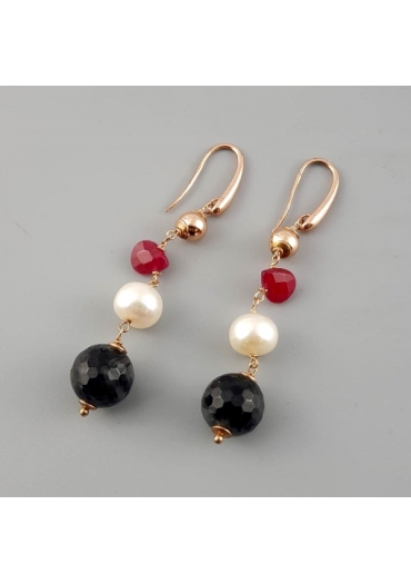 Orecchini, quarzo rutilato grigio,Perle coltivate agata ruby