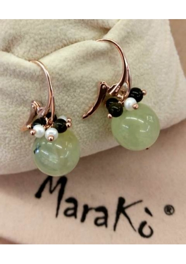 Orecchini quarzo rutilato verde,ossidiana, perle