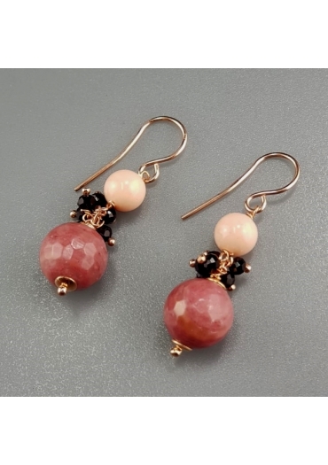 Orecchini rodonite, conchiglia, agata nera