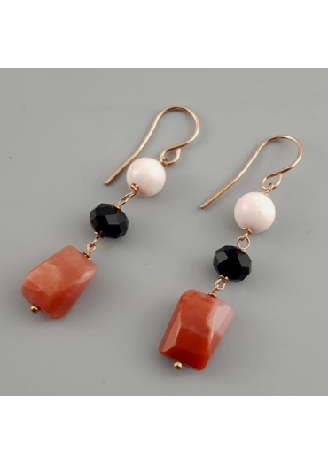 Orecchini rodonite, conchiglia, agata nera, arg.925/000 placcato oro rosa trattato con e-coting