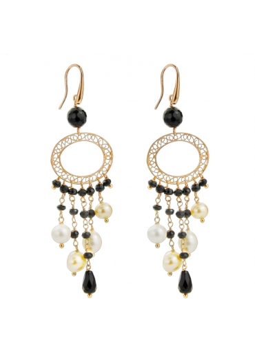 Orecchini spinello, agata nera, perle coltivate﻿