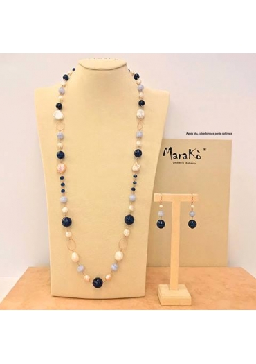 Parure agata blu zaffiro, calcedonio, perle coltivate﻿