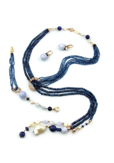 Parure agata blu zaffiro diamond, calcedonio, perle coltivate