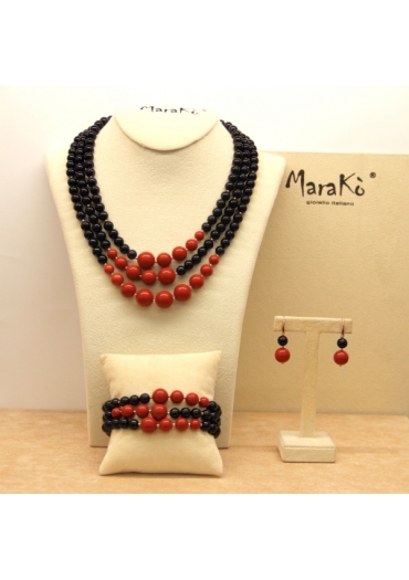 Parure Agata nera e Corallo bamboo rosso