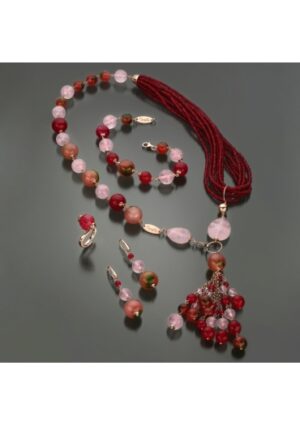 Parure agata ruby, giada rosa, giada floreale, quarzo rosa﻿