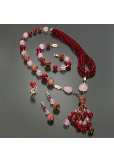 Parure agata ruby, giada rosa, giada floreale, quarzo rosa﻿