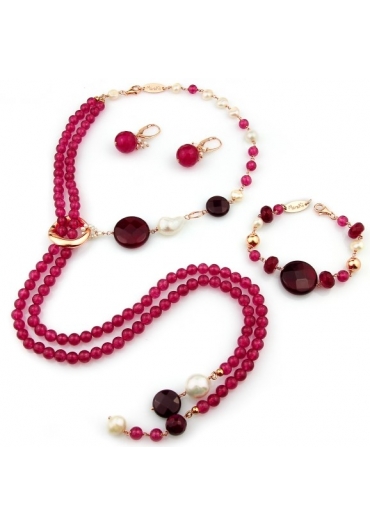 Parure agata ruby, perle coltivate, giada rosa