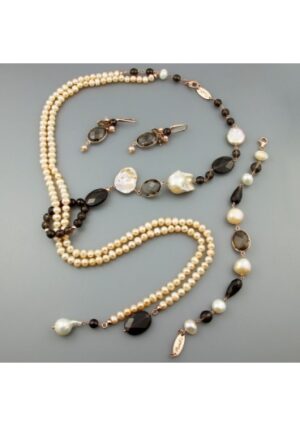 Parure perle coltivate, quarzo fumè﻿