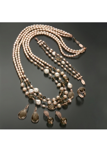 Parure perle coltivate, quarzo fumè﻿