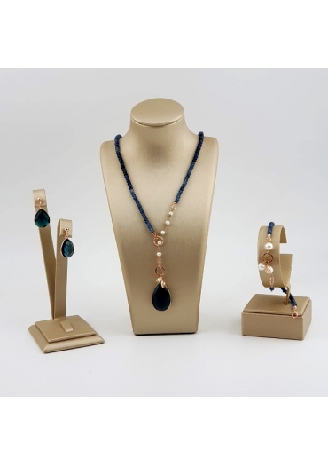 Parure Rugiada, agata blu zaffiro, quarzo blue light