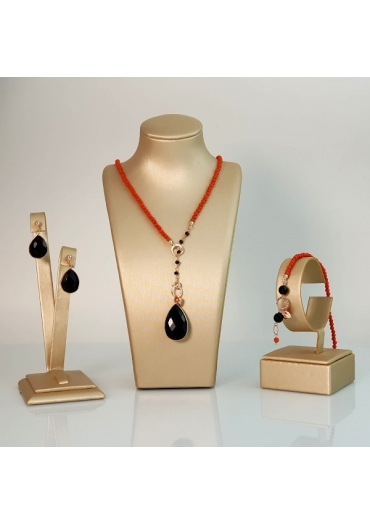 Parure Rugiada, corallo bamboo rosso , spinello nero