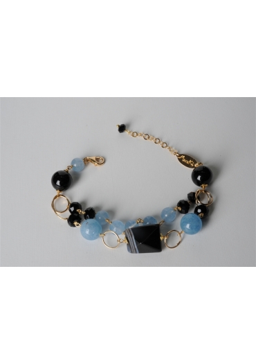 Bracciale a 2 fili, agata striata azzurra, agata nera – cod:BR0897
