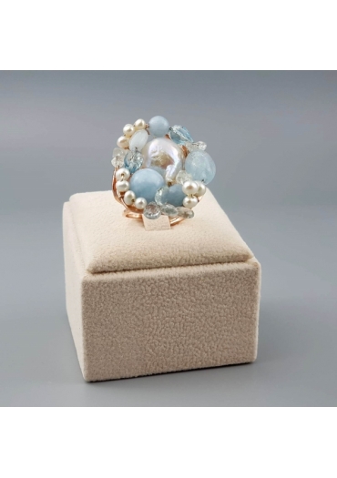 Anello regolabile acquamarina milk, perle coltivate, pz unico﻿