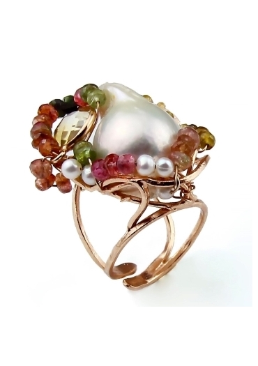 Anello perla barocca e tormalinepz unico