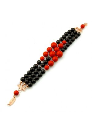 bracciale a tre fili agata nera corallo bamboo rosso﻿