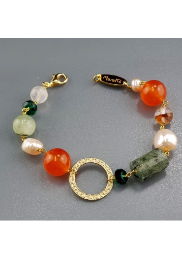 bracciale agata arancione, quarzo rutilato verde, perle coltivate, quarzo cipria﻿