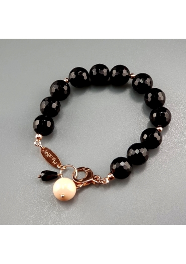 Bracciale agata nera, corallo bamboo rosa﻿
