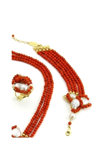 Bracciale corallo bamboo,Corallo rosso, perle coltivate﻿