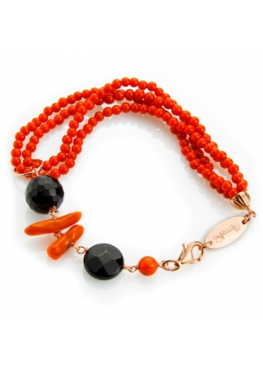 Bracciale corallo rosso, agata nera e corallo bamboo﻿