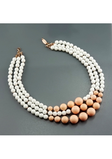 Collier a tre fili agata bianca, bamboo rosa﻿, argento 925/00 placcato oro rosa 