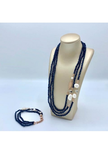 Collier agata blu zaffiro, perle coltivate, acquamarina﻿