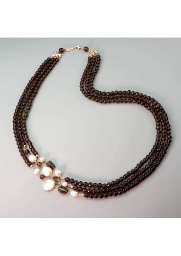 Collana Armony, sfere6 mm quarzo fumè, perle coltivate﻿