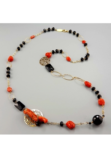 Collana corallo rosso, agata nera – cod:CN2324