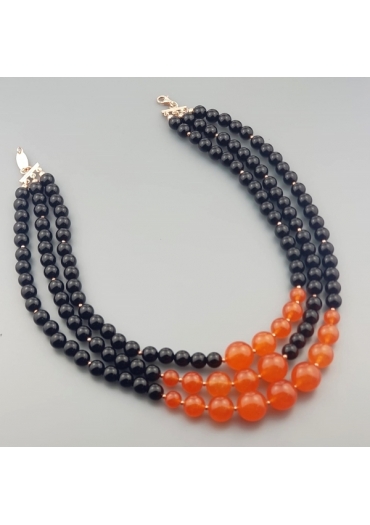 Collier a tre fili agata nera, agata arancione﻿