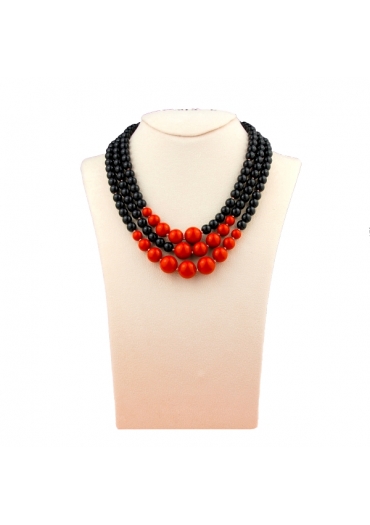 Collier a tre fili agata nera, corallo bamboo rosso﻿