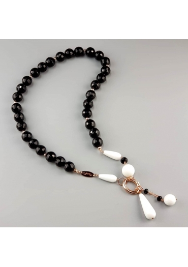 Collier agata nera 12 mm e agata bianca﻿