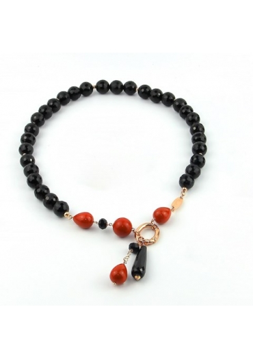 Collier agata nera 12 mm e corallo bamboo rosso﻿