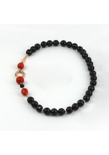 Collier agata nera sfacc. 12 mm Corallo bamboo rosso﻿