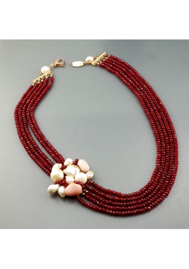 Collana agata ruby, elemento realizzato a mano, perle di fiume,opale rosa﻿