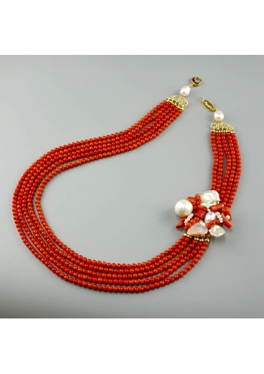 Collier bamboo, corallo rosso,perle coltivate, pz unico﻿