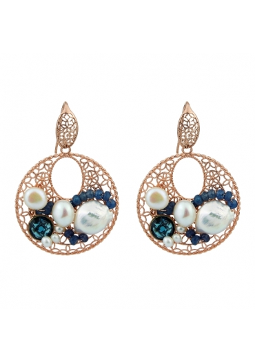 Orecchini in argento placcato oro rosa con trattamento e-coating, agata blu zaffiro, quarzo blue light, perle di fiume