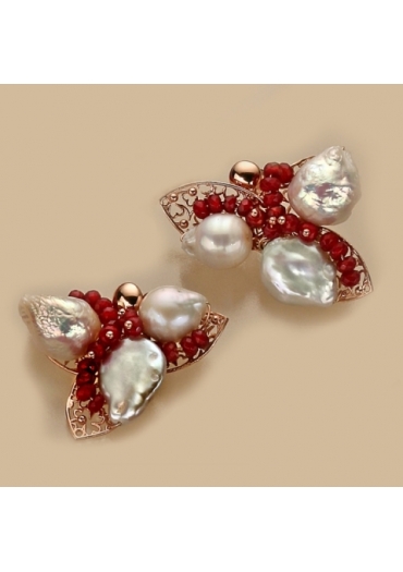 Orecchini agata ruby, perle di fiume, arg.925/00 placcato oro rosa trattato con e- coating