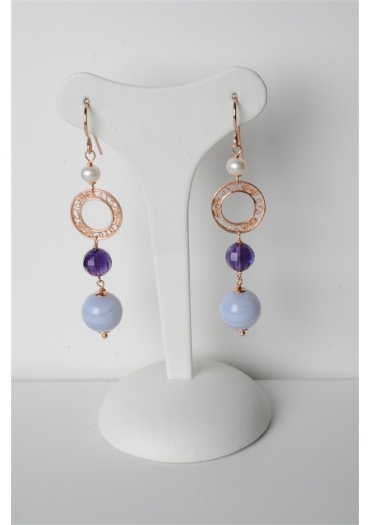 Orecchini calcedonio, ametista, cerchietto in filigrana fatta a mano in arg.925/00 placcato oro rosa trattato con e-coating