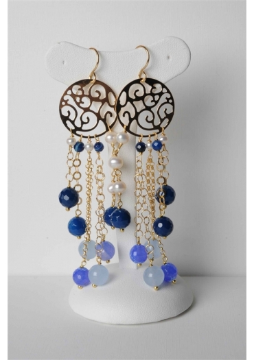 Orecchini agata blu zaffiro, agata web, perle di fiume, argento placcato oro con trattamento e- coating