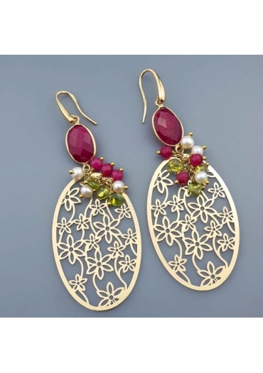 Or laserati ovali, agata ruby, peridot, perle﻿