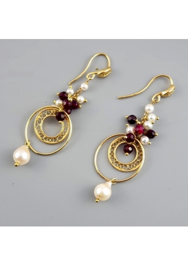 Orecchini, Agata ruby, perle coltivate, disco filigrana﻿