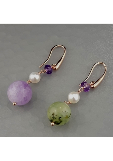 Orecchini bicolor, ametista,  quarzo rutilato verde﻿