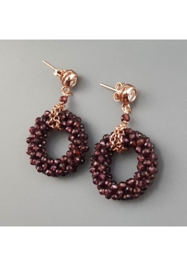 Orecchini cerchi tessuti a mano,granato 2 mm﻿