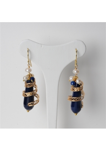 Orecchini, goccia agata blu zaffiro, spirale filigrana﻿