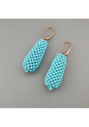 importanti orecchini in pasta turchese 4 fiori 2 mm, pazientemente tessuti a mano, arg.925/00 placcato oro rosa﻿