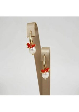 Orecchini perle coltivate,corallo rosso sardo﻿